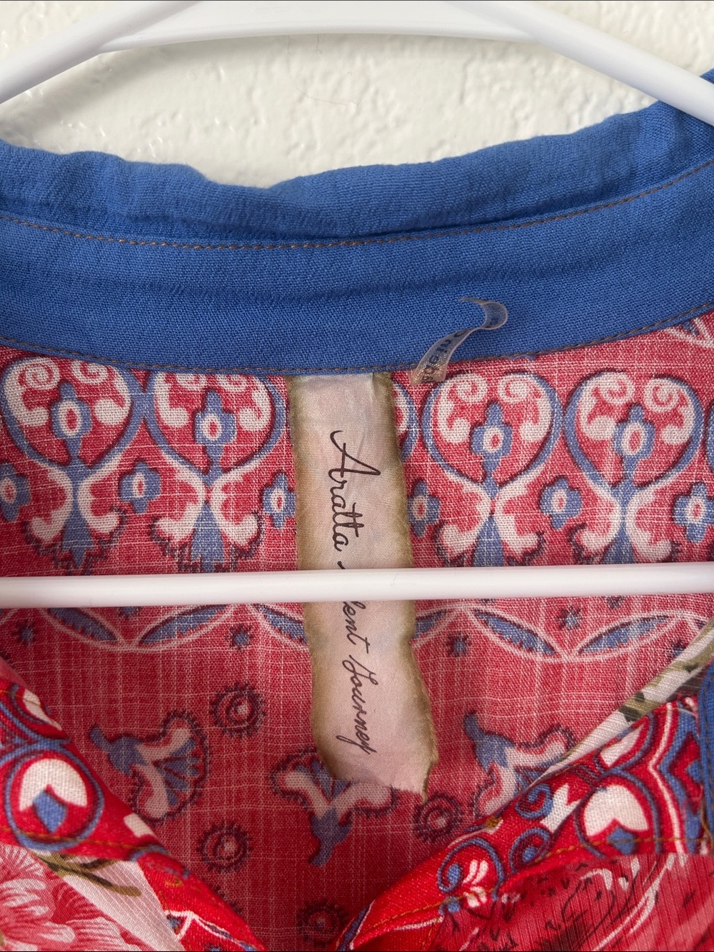 Mixed-Print Floral & Plaid Button-Up Blouse - Red/Blue - Picture 2 of 10